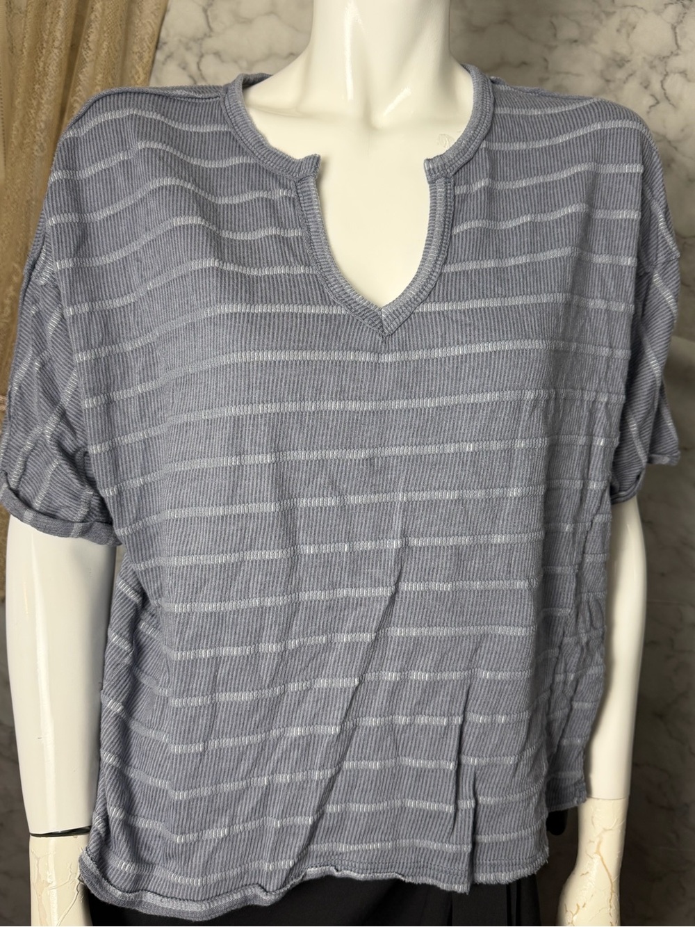 Dusty Blue Gray Slate Blue V Neck Textured Stripe Knit Minimalist Cozy Comfy M